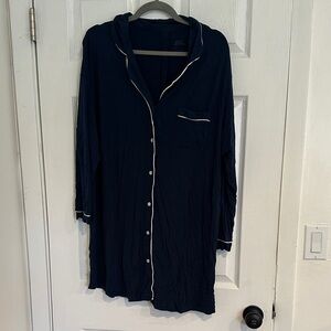 Navy Button-Up Sleep Dress with White Piping